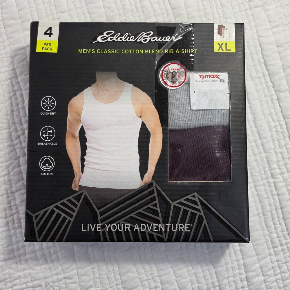 Eddie Bauer Mens XL Rib A-Shirt 4-Pack Tank Tops White Grey Maroon Essentials